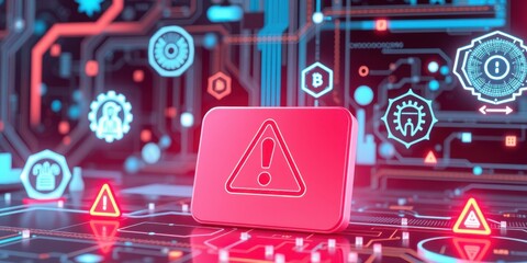 Digital warning sign with glowing circuit board and abstract futuristic technology symbols