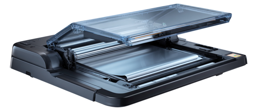 Gray document scanner or film processor with transparent cover.  A technological device showing intricate interior components