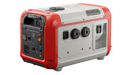 Portable generator,  red and white, compact design.  Features controls, outlets, and cooling vents