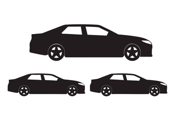 Three black car silhouettes, two smaller and one larger, depicting generic sedan vehicles in side profile on a white background.