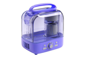 Compact, purple, clear-acrylic humidifier.  Features a handle and control dial