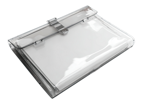 Clear plastic briefcase, holding documents