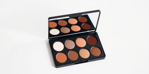 Open makeup palette with various shades of brown and neutral eyeshadows and a mirror