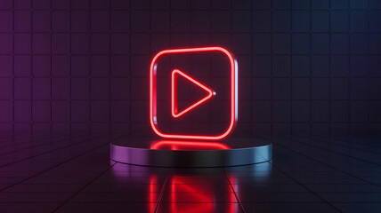 A red neon play button symbol on a silver pedestal against a dark purple tiled background