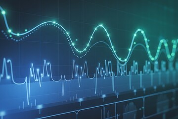 Abstract digital data visualization with glowing lines and charts technology science