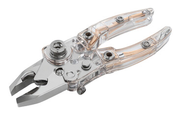 Transparent pliers with intricate mechanism.  The pliers' handles are clear plastic, showcasing inner workings of metal parts