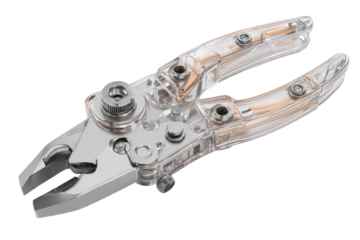 Transparent pliers with intricate mechanism.  The pliers' handles are clear plastic, showcasing inner workings of metal parts