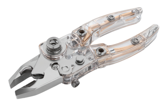 Transparent pliers with intricate mechanism.  The pliers' handles are clear plastic, showcasing inner workings of metal parts