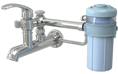 Wall-mounted water filter system with faucet.  A chrome-plated faucet connects to a light-blue water filter tank via a flexible tubing.  The filter tank has a visible filtering media