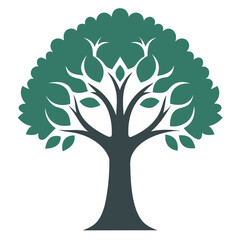 Stylized green tree with dark trunk and branches isolated on white background