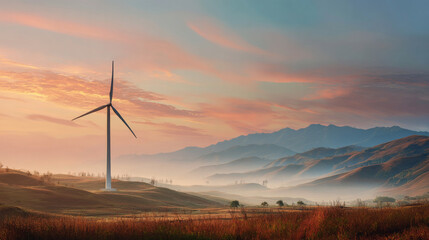 Obraz premium Wind turbine standing in a countryside landscape during sunset