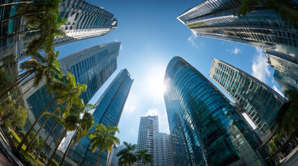 Wide-angle fish-eye view of towering skyscrapers