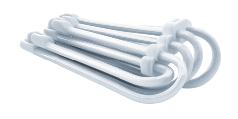 Stacked, curved, white plastic garment hangers