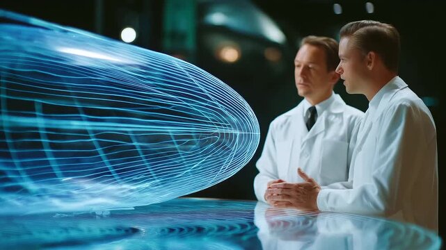 Meteorology Lab: Portrait of Engineers conduct data analysis during wind tunnel testing of an airship model. Precision workflow, safety protocols and real‑time monitoring in a modern meteorology lab
