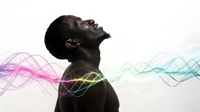Inner Resonance: A portrait of a man absorbed in deep thought, with abstract colorful sound waves emanating from his physique, symbolizing the power of thoughts and inner self.
