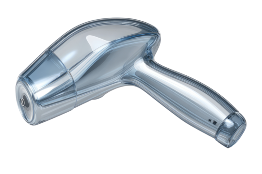 Transparent hair dryer, angled view, showcasing smooth, flowing design.  Clear plastic housing, highlighting internal components.  Modern, futuristic aesthetic