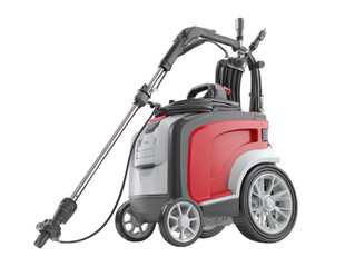 Red and gray pressure washer, angled view.  Features long wand, nozzles, and wheels