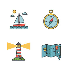 Sea Navigation Symbols and Equipment, Lighthouse, Compass, Sailboat, Map Set