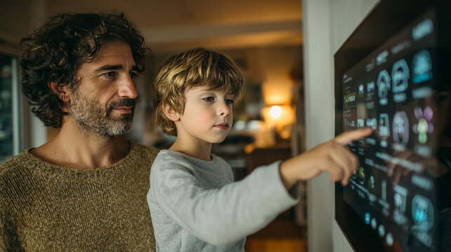 A father demonstrates a smart home system to his son, adjusting lighting, security, and climate settings for sustainable living