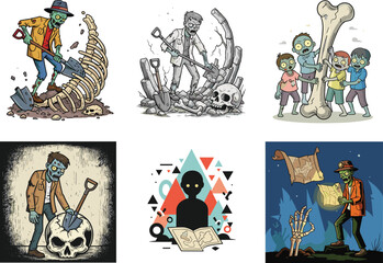 Cartoon zombies digging bones and skeletons, archaeology scenes with graveyard elements, spooky horror excavation vector illustrations for Halloween themed design