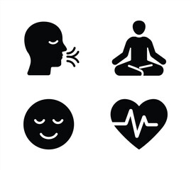 Stress Relief Icons Set with Solid Filled Design, Deep Breathing, Yoga Pose, Calm Face, Heart Rate Monitor, Anxiety Management, Relaxation Symbols, Wellness Vector Illustration