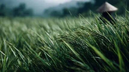 Lush green organic rice field in tranquil rural landscape