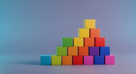 Fototapeta premium Colorful 3D Blocks Stack in Pyramid Formation; Glossy. Use for product displays, presentation backgrounds, posters, and branding mockups.