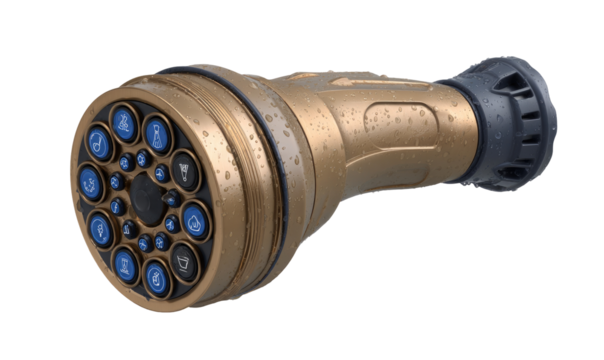 Brass-colored spray nozzle with multiple blue control buttons