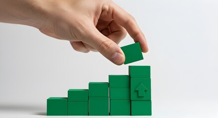 Growth Graph: Hand stacks green blocks on bright surface. Upward trend visualized for infographics, financial presentations, and marketing materials.