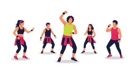 A diverse group of energetic individuals enthusiastically participates in a vibrant dance fitness class, showcasing dynamic movements and healthy lifestyle.
