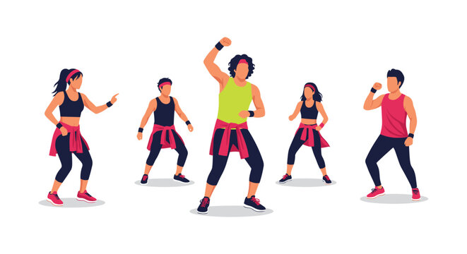 A diverse group of energetic individuals enthusiastically participates in a vibrant dance fitness class, showcasing dynamic movements and healthy lifestyle.