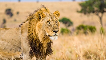 Majestic lion in a golden savanna landscape, showcasing a regal presence and detailed textures.