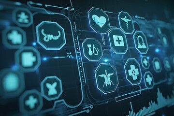 Futuristic Medical Technology Interface with Health Icons and Data Visualization healthcare digital