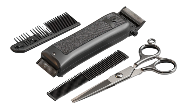 Close-up of a grooming kit with clippers, combs, and shears.  The kit is compact, dark gray, and black
