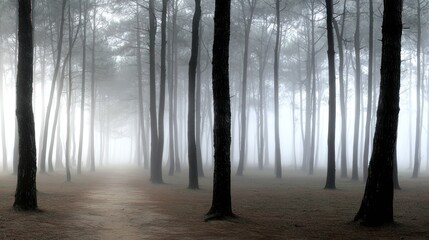 Obraz premium Misty Forest Path with Tall Trees and Soft Light in Calm Natural Setting