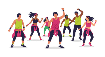 A diverse group of energetic people, men and women, engaging in a dynamic fitness dance class, enjoying a vibrant and healthy workout session together.