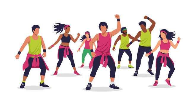 A diverse group of energetic people, men and women, engaging in a dynamic fitness dance class, enjoying a vibrant and healthy workout session together.