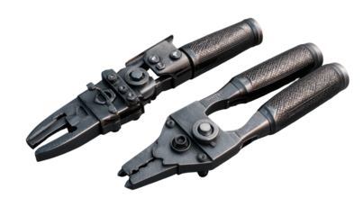 Two dark metal pliers, angled, with textured grips.  One is larger, more complex, with various components