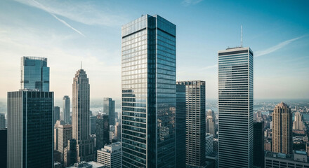 Fototapeta premium Tall skyscrapers in modern business district skyline under clear morning blue sky.