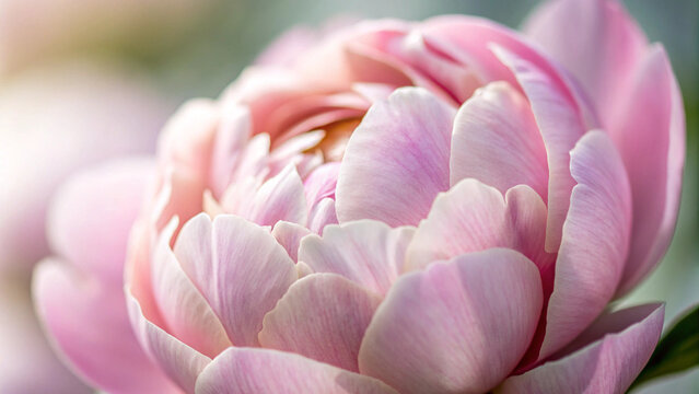 Close up of a delicate pink peony flower with soft petals bloom