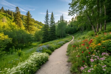 Fototapeta premium Scenic mountain trail winding through lush wildflowers and evergreen trees