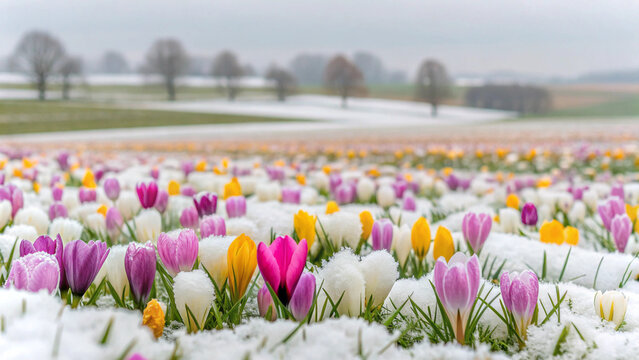 Colorful Crocus Flowers Emerging from Snow in a Field spring winter