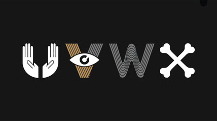 Mysterious symbols and letters uvwx featuring eye bones and hands on dark surface