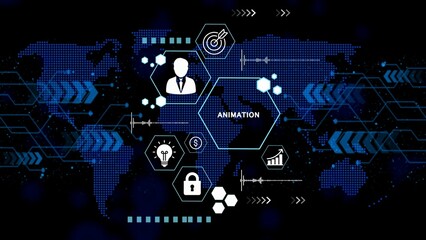 Digital world map with animated icons and data flow animation technology
