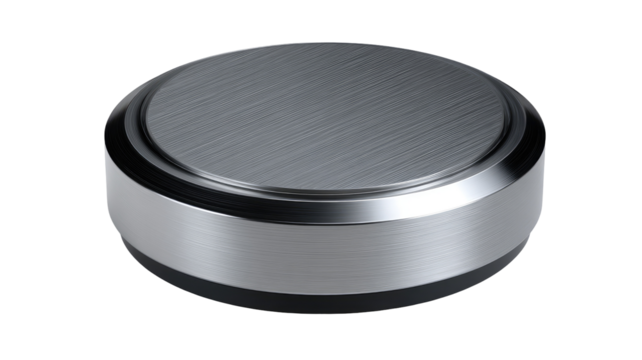 Circular, metallic disc.  High-gloss, brushed finish.  Compact, round shape