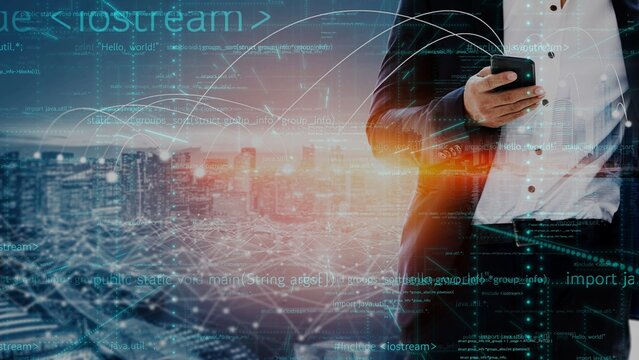 A businessman interacts with a smartphone amidst a vibrant cityscape, enhanced by a digital overlay that symbolizes technology and modern communication. Xenic - Powered by Adobe