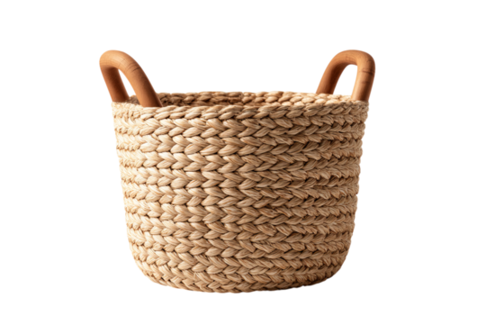 a woven basket with a round bottom and two handles, against an isolated on a transparent background in PNG format.