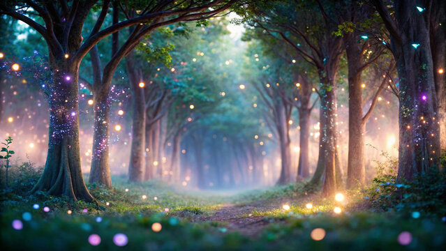 Enchanted Forest Path with Fairy Lights woods trail - Powered by Adobe
