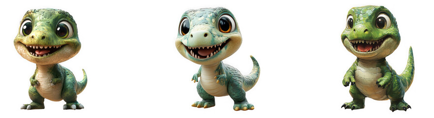 Fototapeta premium Three cute cartoon baby dinosaurs with big eyes and happy smiles, isolated on transparent background