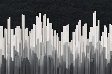 Abstract art depicting a city skyline in monochromatic shades of black, white, and gray against a textured background